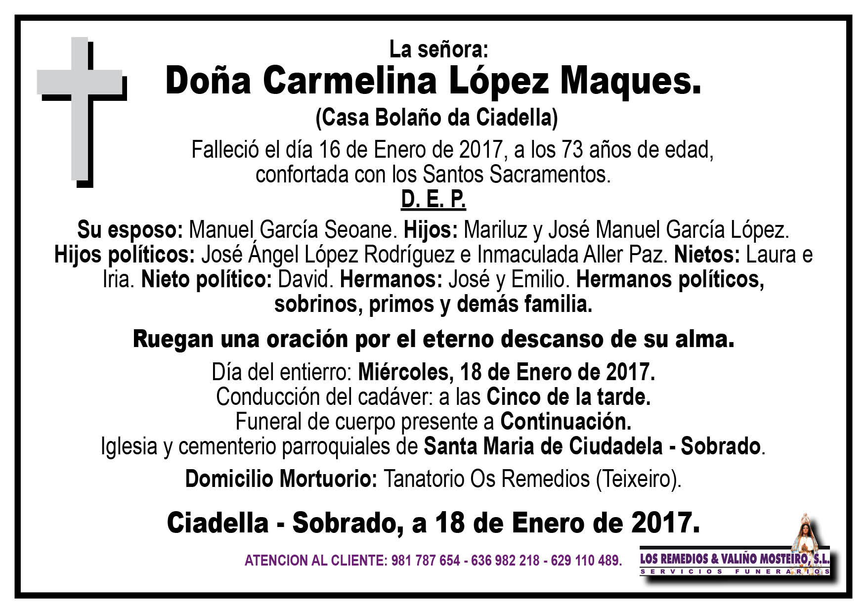 Esquela de Carmelina López Maques.